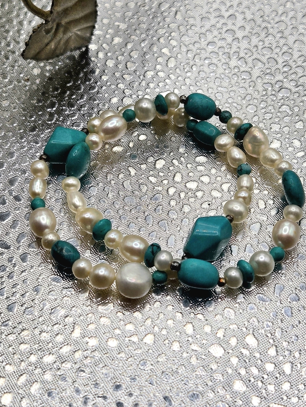 "5/$25" Set Of 2 Genuine Freshwater Pearl Turquoise Bead Stretch Bracelets